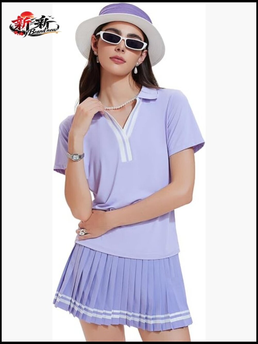 2 Piece Tennis Skirt Set Pleated Golf Outfit V-Neck Skort with Pockets